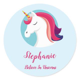 Pink & Blue Magical Unicorn – Personalized Classic Round Sticker
