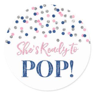 Pink Blue Silver Confetti She's Ready to Pop Classic Round Sticker