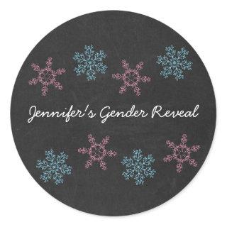 Pink & Blue Snowflake Chalkboard Gender Reveal Classic Round Sticker