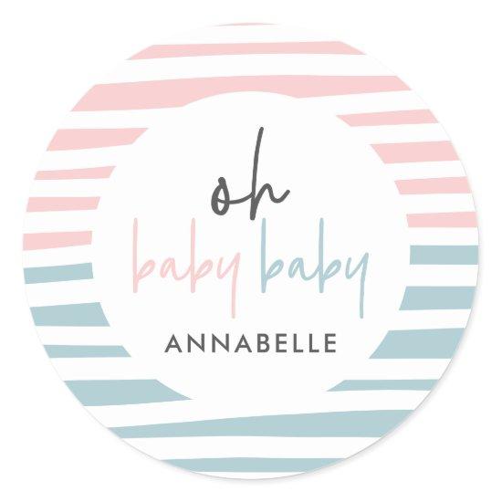 pink blue twin baby shower typography modern party classic round sticker