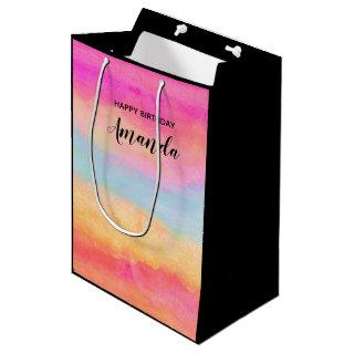 Pink Blue Yellow Rainbow Abstract Stripes Birthday Medium Gift Bag