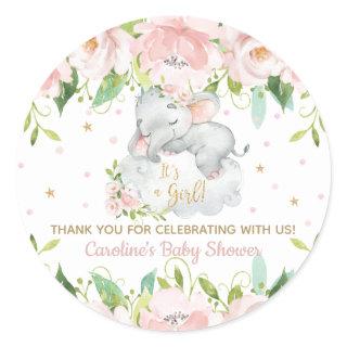Pink Blush Floral Baby Elephant Thank You Favor Classic Round Sticker