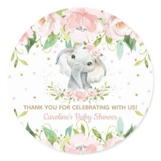Pink Blush Floral Cute Elephant Thank You Favor Classic Round Sticker