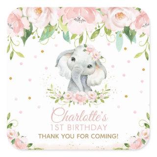 Pink Blush Floral Cute Elephant Thank You Favor Square Sticker