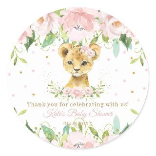 Pink Blush Floral Cute Lion Shower Thank You Favor Classic Round Sticker