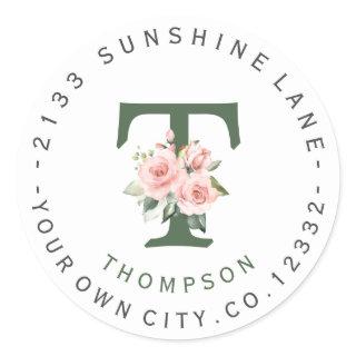 Pink Blush Floral Monogram Circular Address Label
