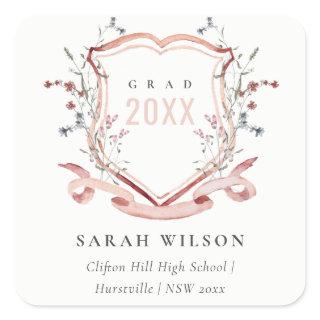 Pink Blush Wildflower Watercolor Crest Graduation Square Sticker