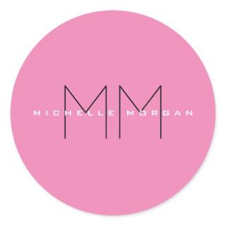 Pink Bold Monogram Modern Minimalist Name Initials Classic Round Sticker