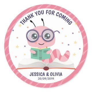 Pink Bookworm Book Baby Shower Classic Round Sticker