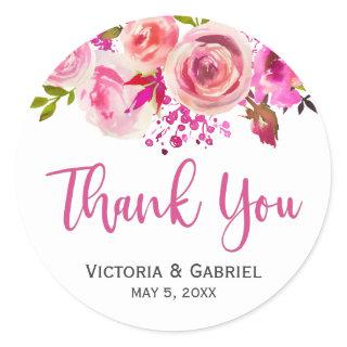 Pink Botanical Floral Wedding Thank You Classic Round Sticker