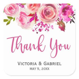 Pink Botanical Floral Wedding Thank You Square Sticker