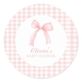 Pink bow and gingham preppy baby shower classic round sticker