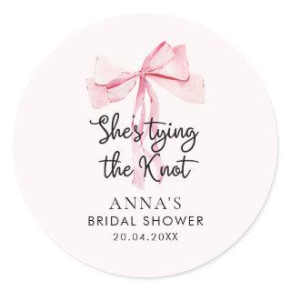 Pink Bow She Tying The Knot Bridal Shower Classic Round Sticker