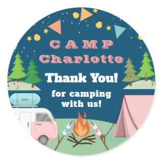 Pink Camping Birthday Party Thank You Classic Round Sticker