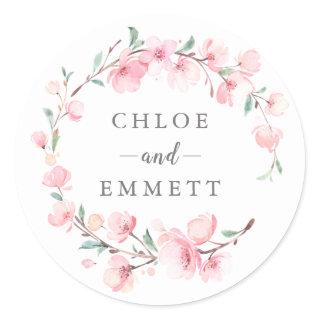 Pink Cherry Blossom Floral Wedding Favor Classic Round Sticker