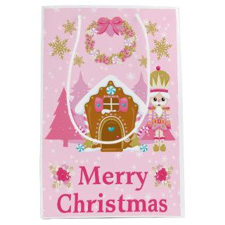 Pink Christmas Nutcracker and Gingerbread House Medium Gift Bag