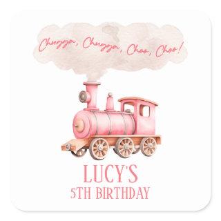Pink Chugga Choo Choo Vintage Train Birthday Party Square Sticker