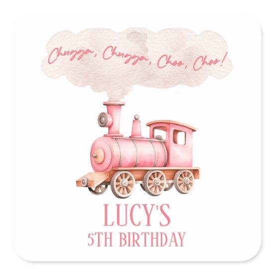 Pink Chugga Choo Choo Vintage Train Birthday Party Square Sticker