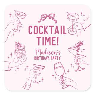Pink Cocktail Party Birthday Envelope Favor Square Sticker