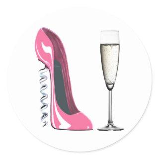 Pink Corkscrew Stiletto Shoe and Champagne Glass Classic Round Sticker