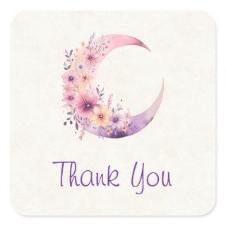 Pink Crescent Moon with Pretty Flowers Thank You Square Sticker