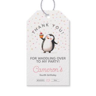 Pink cupcake penguin celebration girl's birthday gift tags