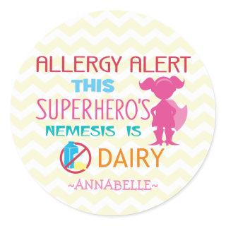 Pink Dairy Allergy Alert Superhero Girl Silhouette Classic Round Sticker