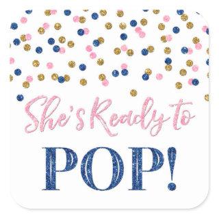 Pink Dark Blue Gold Dots She's Ready to Pop Square Sticker