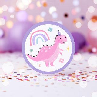 Pink Dinosaur Birthday Party Favors Classic Round Sticker