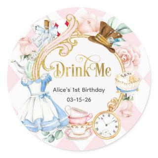 Pink, Drink me, Onederland 1st birthday favor Classic Round Sticker