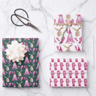 Pink Dwarfs And Reindeers Watercolor Pattern  Sheets