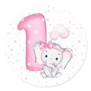 Pink Elephant 1st Birthday Party Personalized Classic Round Sticker