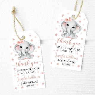 Pink elephant baby girl shower thank you tags