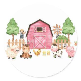 Pink Farm Animals Birthday Party Classic Round Sticker