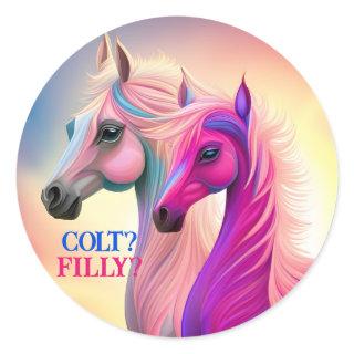 Pink Filly & Blue Colt Western Style Gender Reveal Classic Round Sticker
