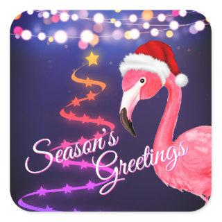Pink Flamingo Festive Tropical Beach Christmas Square Sticker