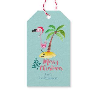 Pink Flamingo In A Santa Hat By A Palm Tree Gift Tags