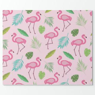 Pink flamingo pattern with tropical leaves