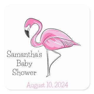 Pink Flamingo Personalized Baby Shower Square Sticker