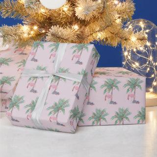 Pink Flamingo | Santa Hat with Palm Tree & Lights