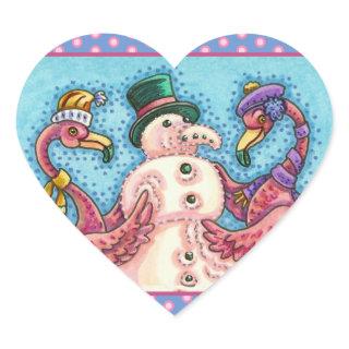 PINK FLAMINGOS MAKE SNOWMAN, FUNNY CHRISTMAS BIRDS HEART STICKER
