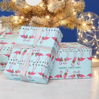 Pink Flamingos Merry Christmas Pattern Blue