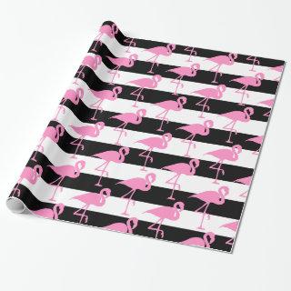 Pink Flamingos on Black and White Stripes