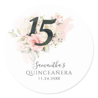 Pink Floral 15th Birthday Quinceanera Greenery Classic Round Sticker