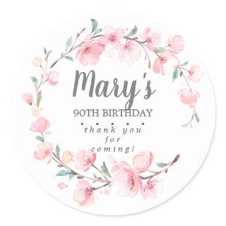 Pink Floral 90th Birthday Thank You Classic Round Sticker