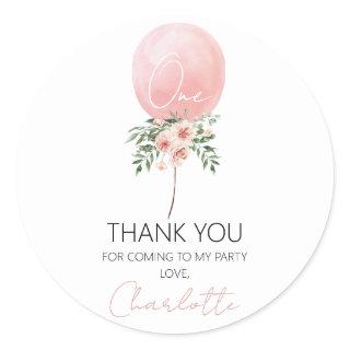 Pink Floral Balloon First Birthday Thank You Stick Classic Round Sticker