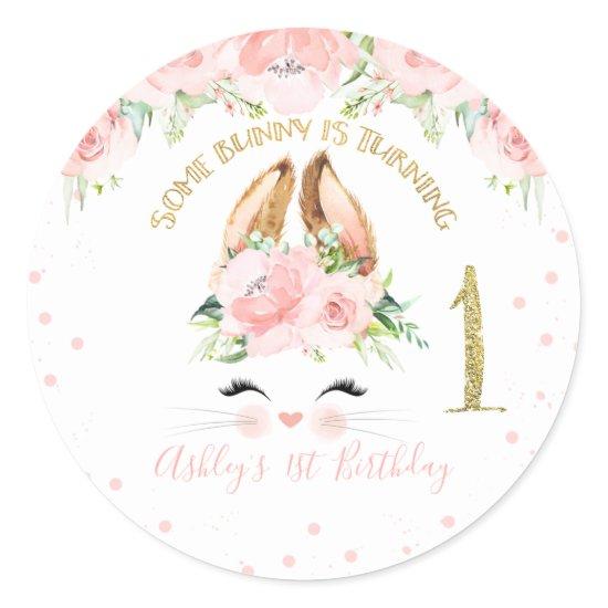 Pink Floral Bunny Face 1st Birthday Classic Round Sticker