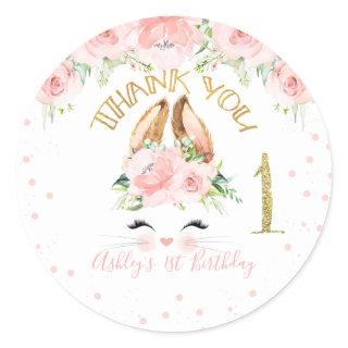 Pink Floral Bunny Face Thank You 1st Birthday Classic Round Sticker