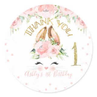 Pink Floral Bunny Face Thank You 1st Birthday Classic Round Sticker