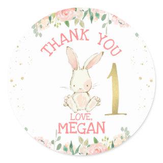 Pink Floral Bunny Rabbit 1st Birthday Classic Round Sticker